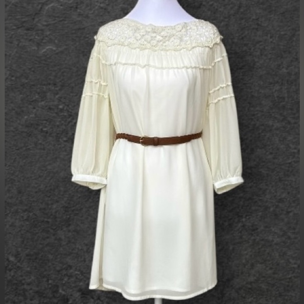 NWT Roly Poly Cream A-Line Dress 3/4 Bishop Sleeves Sz M Vintage Swifty Summer
